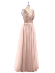 Paillettes et Tulle Robe Longue avec Col en V Or Métallique Grande Taille