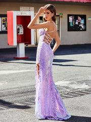 Robe de Soirée Fourreau/Colonne à Col en V en Paillettes Lilas Grande Taille