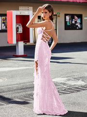 Robe de Soirée Fourreau/Colonne à Col en V en Paillettes Rose Pâle