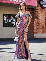 Robe de Soirée Fourreau en Paillettes Hors de l'Épaule Raisin Grande Taille