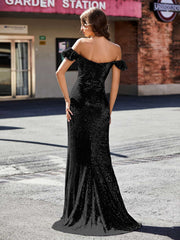 Robe de Soirée Fourreau en Paillettes Hors de l'Épaule Noir