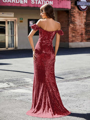 Robe de Soirée Fourreau en Paillettes Hors de l'Épaule Bordeaux Grande Taille