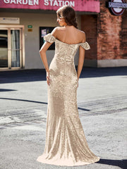 Robe de Soirée Fourreau en Paillettes Hors de l'Épaule Champagne