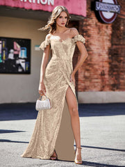 Robe de Soirée Fourreau en Paillettes Hors de l'Épaule Champagne