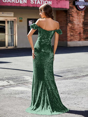 Robe de Soirée Fourreau en Paillettes Hors de l'Épaule Vert Foncé