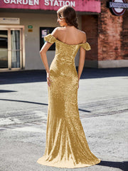 Robe de Soirée Fourreau en Paillettes Hors de l'Épaule Or