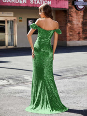Robe de Soirée Fourreau en Paillettes Hors de l'Épaule Vert