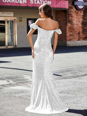 Robe de Soirée Fourreau en Paillettes Hors de l'Épaule Ivoire Grande Taille
