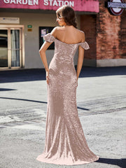 Robe de Soirée Fourreau en Paillettes Hors de l'Épaule Or Métallique