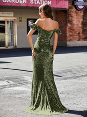 Robe de Soirée Fourreau en Paillettes Hors de l'Épaule Olive Verte Grande Taille