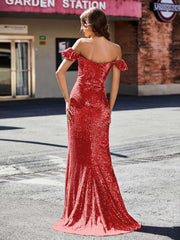 Robe de Soirée Fourreau en Paillettes Hors de l'Épaule Rouge Grande Taille