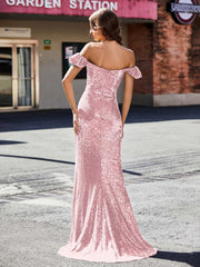 Robe de Soirée Fourreau en Paillettes Hors de l'Épaule Or Rose Grande Taille