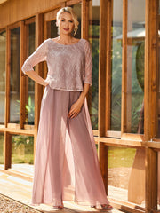 Ensemble en Mousseline avec Haut en Dentelle Rose Poudré