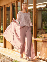 Ensemble en Mousseline avec Haut en Dentelle Rose Poudré