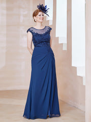 Robe en Mousseline Dentelle à Col Illusion Scoop Bleu Marine Clair Grande Taille