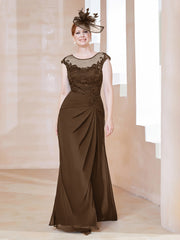 Robe en Mousseline Dentelle à Col Illusion Scoop Brun
