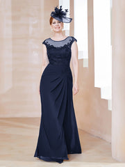 Robe en Mousseline Dentelle à Col Illusion Scoop Bleu Marine