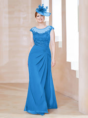 Robe en Mousseline Dentelle à Col Illusion Scoop Bleu Océan