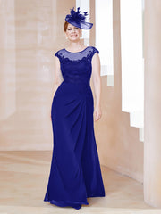 Robe en Mousseline Dentelle à Col Illusion Scoop Bleu Royale