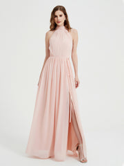 Col Haut Mousseline Robes Avec Fente Et Ceinture Nœud Rose Perle Grande Taille