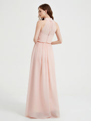 Col Haut Mousseline Robes Avec Fente Et Ceinture Nœud Rose Perle Grande Taille