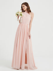 Col Haut Mousseline Robes Avec Fente Et Ceinture Nœud Rose Perle Grande Taille