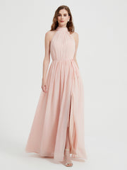 Col Haut Mousseline Robes Avec Fente Et Ceinture Nœud Rose Perle Grande Taille