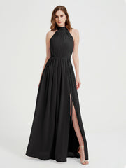 Col Haut Mousseline Robes Avec Fente Et Ceinture Nœud Noir Grande Taille