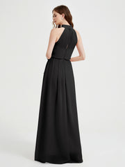 Col Haut Mousseline Robes Avec Fente Et Ceinture Nœud Noir Grande Taille