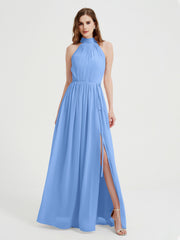 Col Haut Mousseline Robes Avec Fente Et Ceinture Nœud Bleu