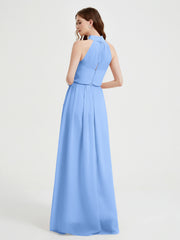 Col Haut Mousseline Robes Avec Fente Et Ceinture Nœud Bleu Grande Taille