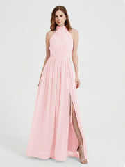 Col Haut Mousseline Robes Avec Fente Et Ceinture Nœud Rose Pâle