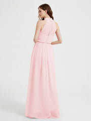 Col Haut Mousseline Robes Avec Fente Et Ceinture Nœud Rose Pâle Grande Taille