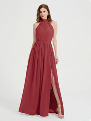 Col Haut Mousseline Robes Avec Fente Et Ceinture Nœud Bordeaux