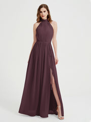 Col Haut Mousseline Robes Avec Fente Et Ceinture Nœud Cabernet Grande Taille