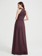 Col Haut Mousseline Robes Avec Fente Et Ceinture Nœud Cabernet