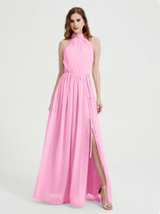 Col Haut Mousseline Robes Avec Fente Et Ceinture Nœud Rose Bonbon