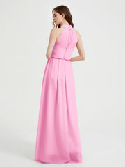 Col Haut Mousseline Robes Avec Fente Et Ceinture Nœud Rose Bonbon