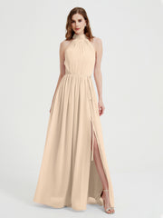 Col Haut Mousseline Robes Avec Fente Et Ceinture Nœud Champagne
