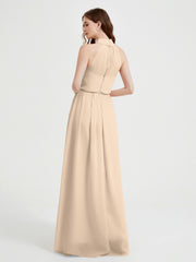 Col Haut Mousseline Robes Avec Fente Et Ceinture Nœud Champagne Grande Taille