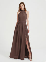 Col Haut Mousseline Robes Avec Fente Et Ceinture Nœud Chocolat Grande Taille