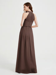 Col Haut Mousseline Robes Avec Fente Et Ceinture Nœud Chocolat