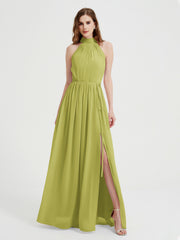 Col Haut Mousseline Robes Avec Fente Et Ceinture Nœud Trèfle Grande Taille