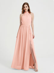 Col Haut Mousseline Robes Avec Fente Et Ceinture Nœud Corail