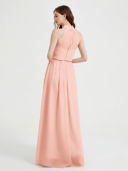 Col Haut Mousseline Robes Avec Fente Et Ceinture Nœud Corail Grande Taille