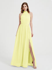 Col Haut Mousseline Robes Avec Fente Et Ceinture Nœud Jonquille Grande Taille
