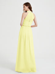Col Haut Mousseline Robes Avec Fente Et Ceinture Nœud Jonquille