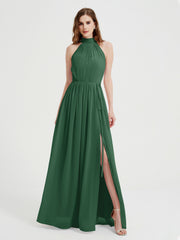 Col Haut Mousseline Robes Avec Fente Et Ceinture Nœud Vert Foncé Grande Taille
