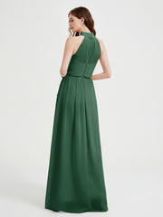 Col Haut Mousseline Robes Avec Fente Et Ceinture Nœud Vert Foncé