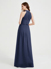 Col Haut Mousseline Robes Avec Fente Et Ceinture Nœud Bleu Marine Grande Taille